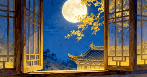 中式窗景月夜古风装饰背景场景