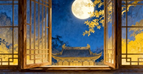 中式窗景月夜古风装饰背景场景
