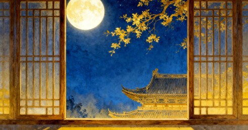 中式窗景月夜古风装饰背景场景