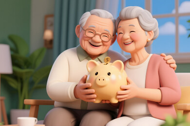 老年夫妻抱着存钱罐安享晚年退休生活3d