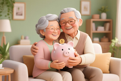 老年夫妻抱着存钱罐安享晚年退休生活3d