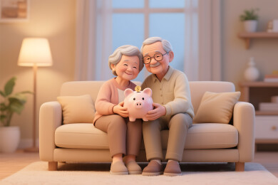 老年夫妻抱着存钱罐安享晚年退休生活3d