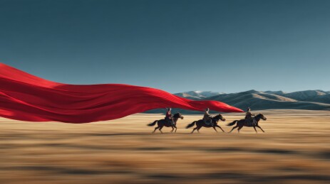 三人骑马奔腾于沙漠