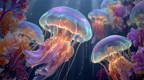 梦幻水母在珊瑚礁中漂浮