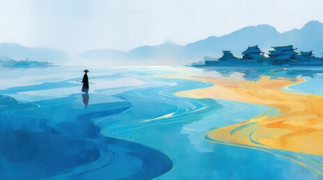 一人立于山水画卷间