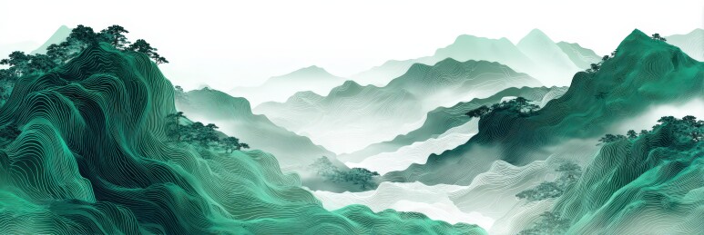 水墨风格青绿山水画面