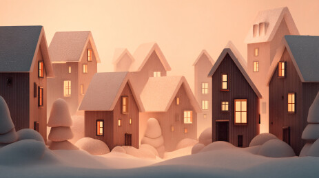 暖光雪中小屋冬日温馨插画背景图