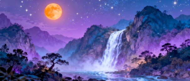 月夜瀑布梦幻风商业装饰场景