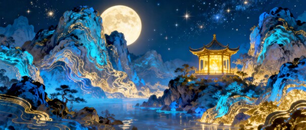 月夜山水国潮风商业装饰场景