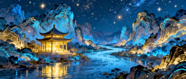 月夜山水国潮风商业装饰场景