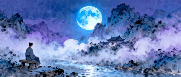月夜山水人物国潮风商业装饰场景