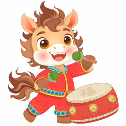 春节新年拿鼓槌敲鼓送祝福卡通小马驹