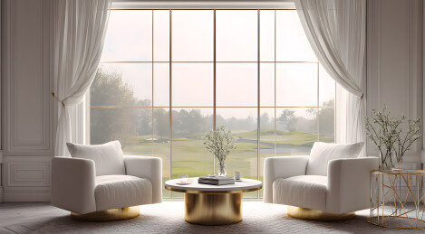 窗前摆着两把白椅和一张圆桌