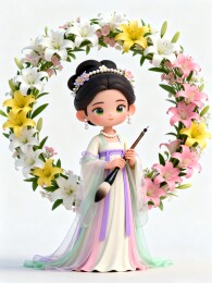少女手持笛子花环