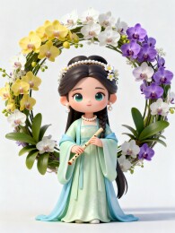女孩环绕鲜花吹笛