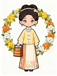 女孩怀抱食盒周围花环
