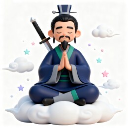 人物打坐佩剑乘云