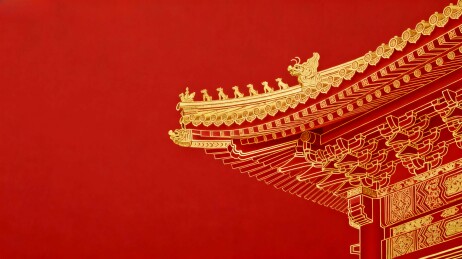 红色中式扁平风古建筑飞檐特写