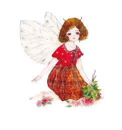 清新自然水彩美少女蝴蝶翅膀精灵和花束插画