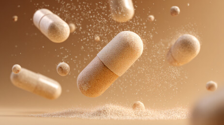 悬浮的浅棕色胶囊药物颗粒场景