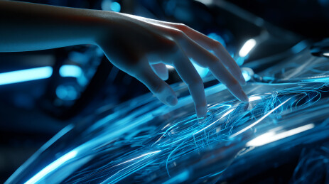 科技感手部触摸蓝色数据流界面