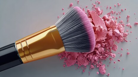 化妆刷与粉碎的粉色美妆粉