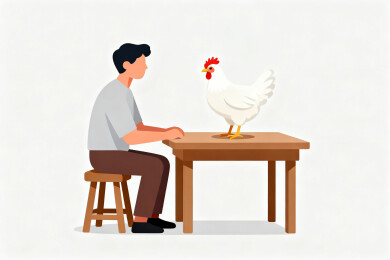 男子与白鸡对坐桌旁