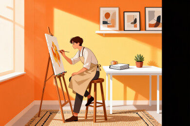 画家在橙色房间创作油画