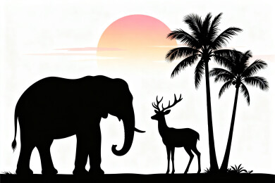 夕阳下大象与鹿的剪影