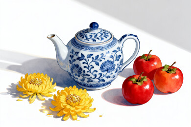 青花瓷壶与红果黄花静物画