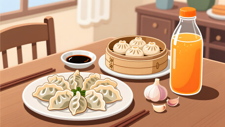 春节团圆家宴煎饺蒸饺美食插画