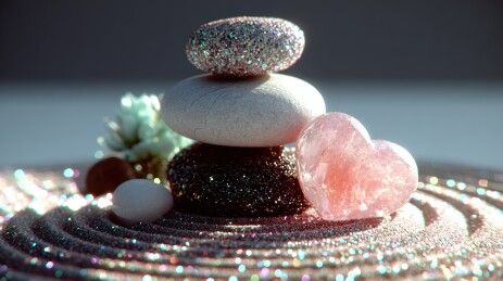 闪亮沙纹上的堆叠石与粉晶爱心