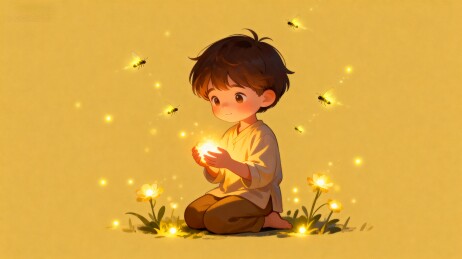 卡通男孩手捧光芒蜜蜂飞舞