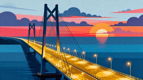 夕阳下的大桥风景画