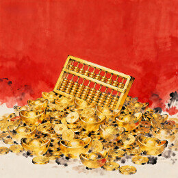 红色背景下的金算盘与元宝金币堆
