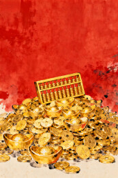 红色背景下的金算盘与元宝金币堆
