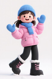 冬天穿着粉色羽绒服的女孩3d插画