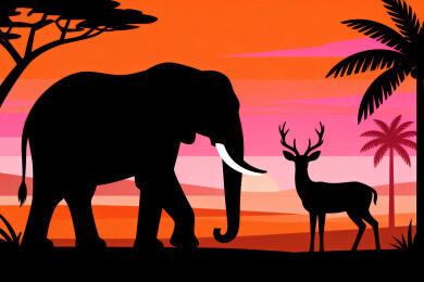 夕阳下大象与鹿的剪影