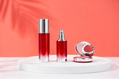 红色化妆品瓶与粉盒静物展示