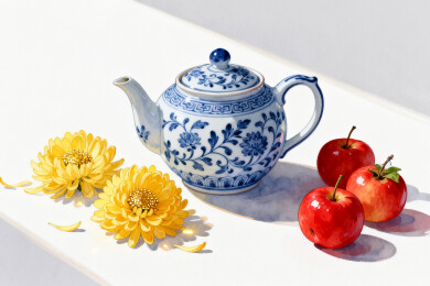 青花瓷壶与鲜花苹果静物画