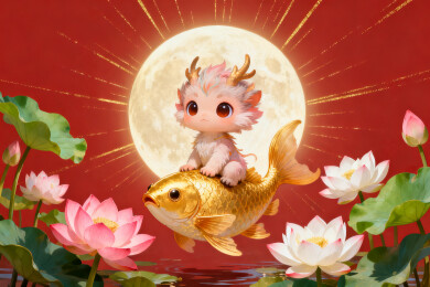 奇幻龙骑金鱼月下莲池