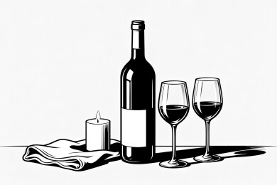 红酒瓶与酒杯静物黑白插画