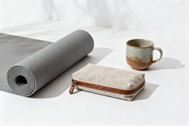 瑜伽垫与茶杯静物摆拍