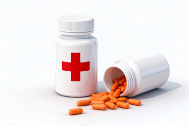 药品瓶与散落药丸的静物展示