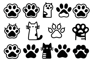 黑白猫爪与猫咪图案集合