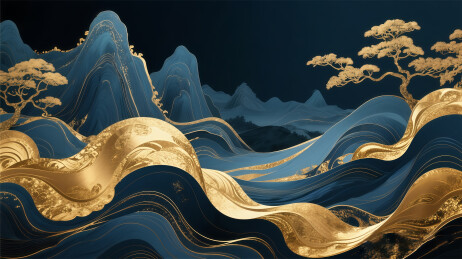 金箔中国风水墨山水插画素材