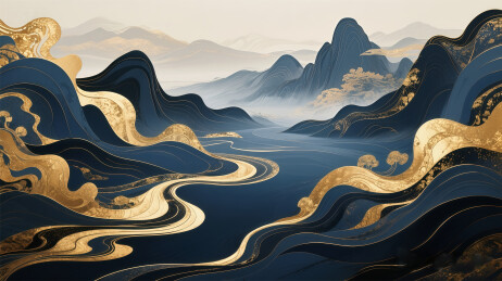 金箔中国风水墨山水插画素材