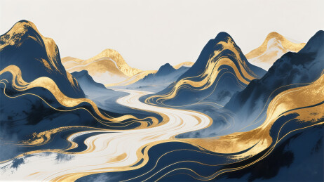 金箔中国风水墨山水插画素材