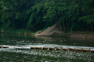 中国成都邛崃夏日河边石桥与竹林