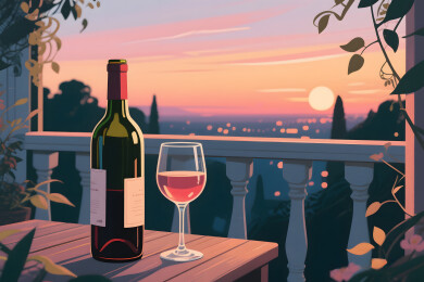 露台傍晚的酒瓶与酒杯插画